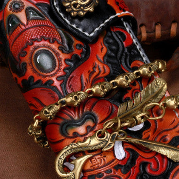Handmade leather biker chain wallet Chinese monster wallet leather chain men Tooled wallet