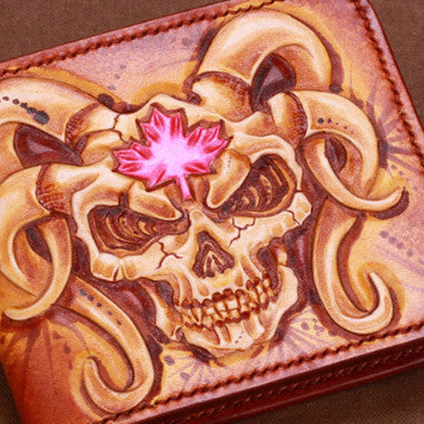 Handmade mens skull small leather wallet tooled carved billfold wallet for him