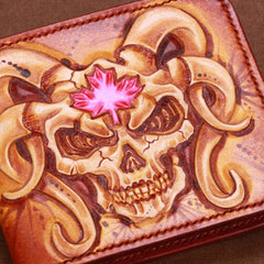 Handmade mens skull small leather wallet tooled carved billfold wallet for him