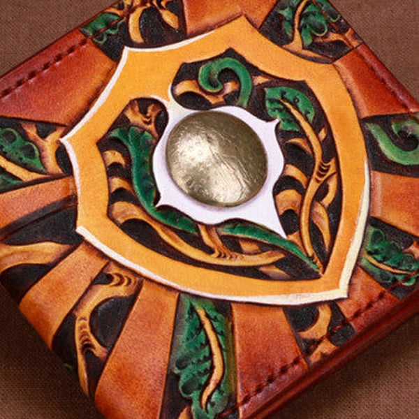 Handmade billfold leather wallet men tooled carved billfold wallet for him