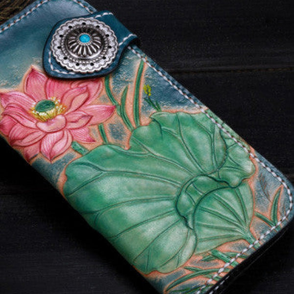 Handmade leather biker trucker blue lotus wallet leather chain men Black Tooled wallet