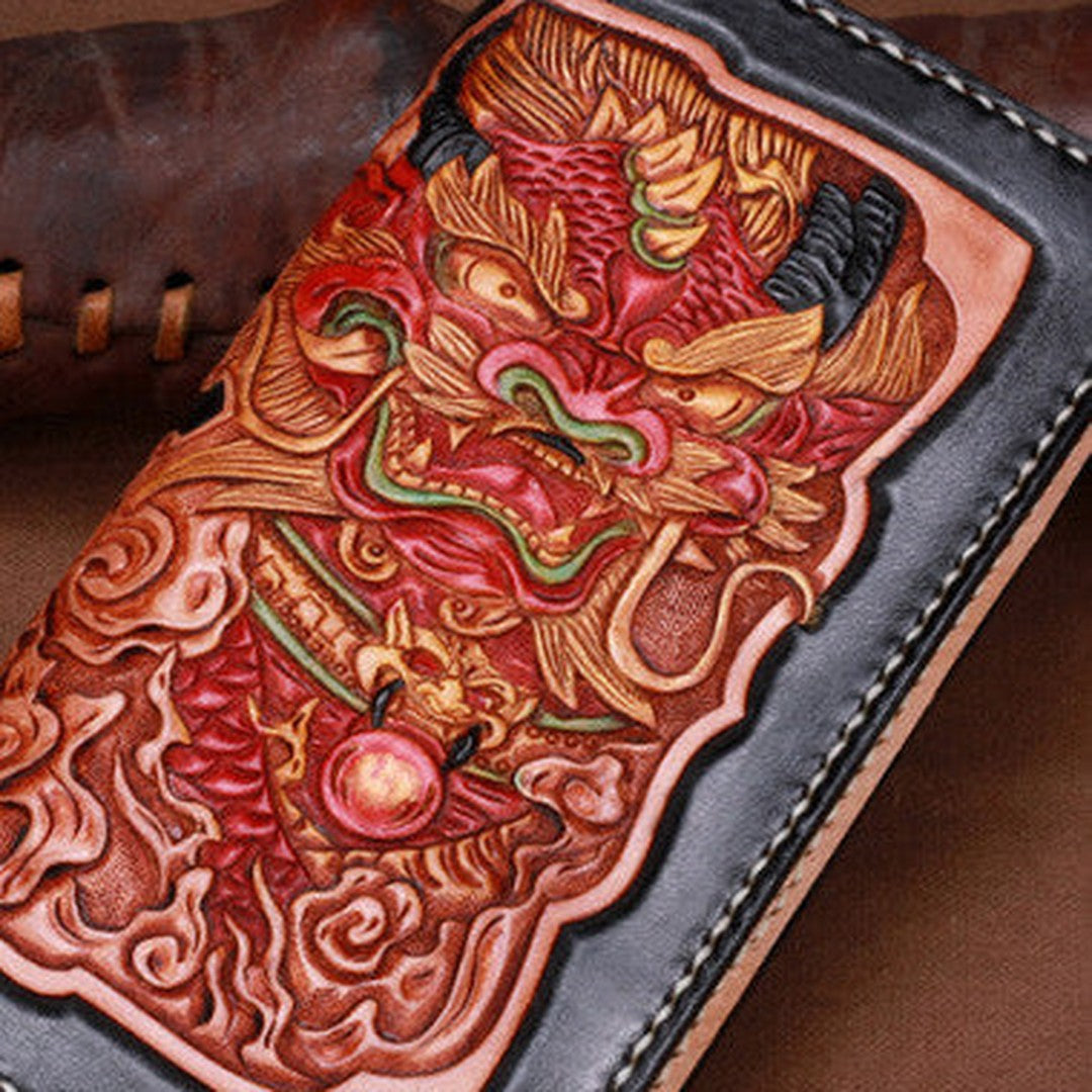 Handmade leather Long Black Chinese Lion wallet leather men zip clutch Tooled wallet