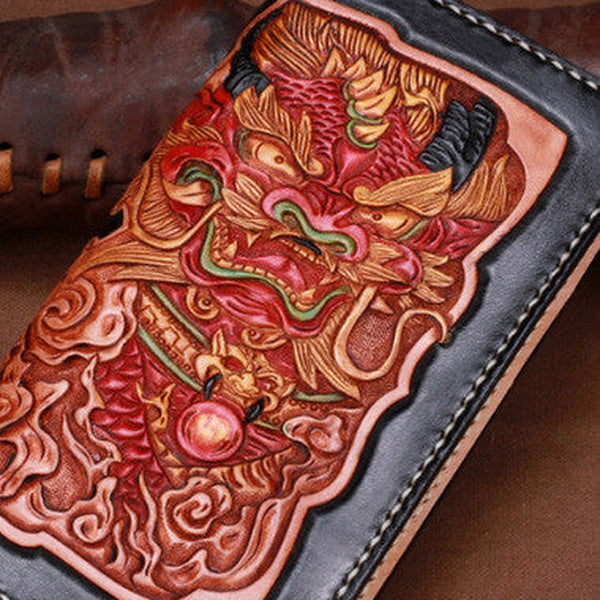 Handmade leather Long Black Chinese Lion wallet leather men zip clutch Tooled wallet