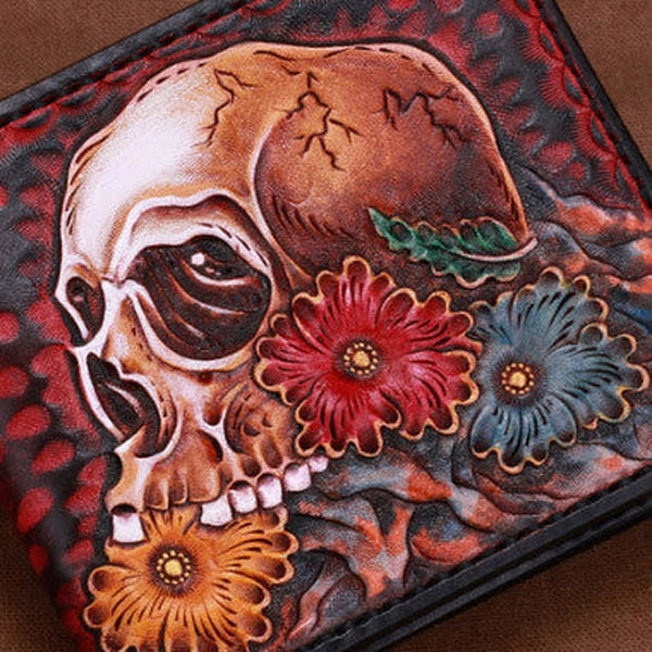 Handmade skull small leather wallet men tooled carved billfold wallet for him