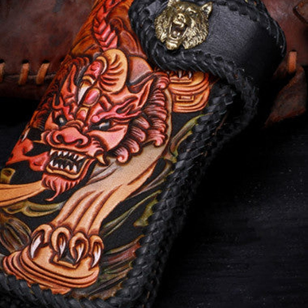 Handmade leather Long biker trucker wild Animal wallet leather chain men Black Carved Tooled wallet