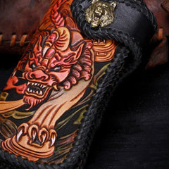 Handmade leather Long biker trucker wild Animal wallet leather chain men Black Carved Tooled wallet