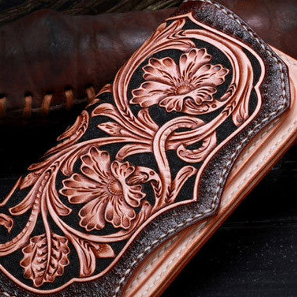 Handmade leather Beige Black floral wallet leather women men Long Wallet clutch Tooled wallet