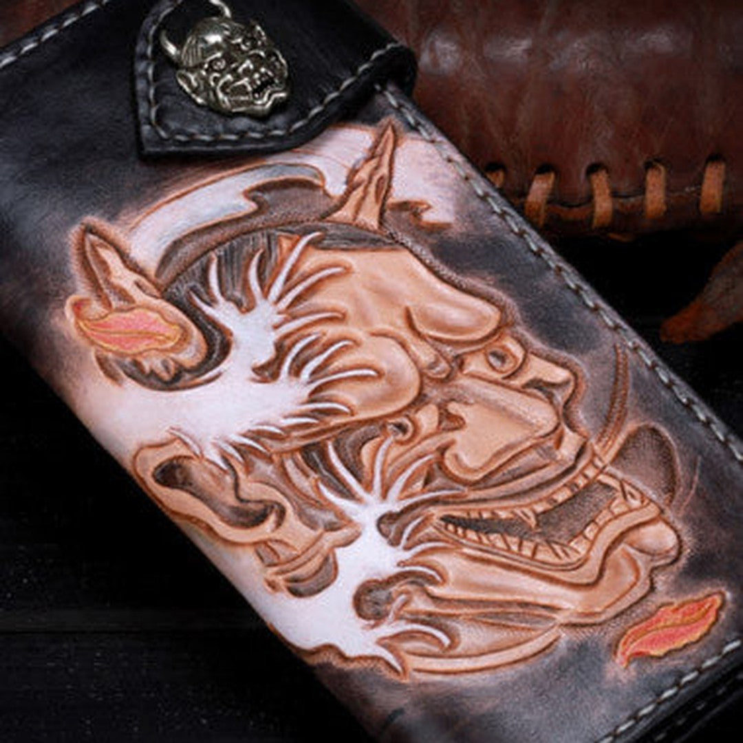 Handmade leather biker trucker prajna black wallet leather chain men Brown Tooled wallet