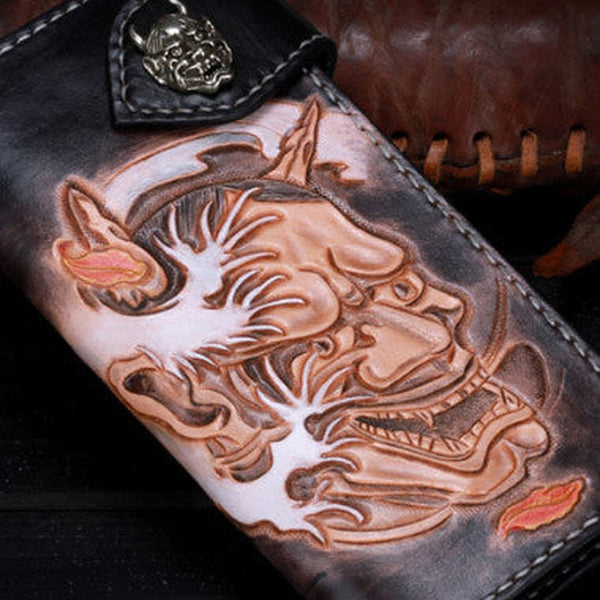 Handmade leather biker trucker prajna black wallet leather chain men Brown Tooled wallet