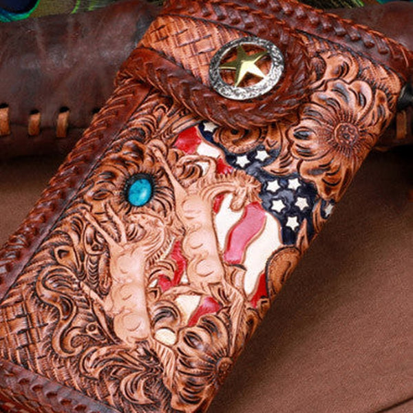 Handmade leather American horses biker trucker eagle wallet leather chain men Black Tooled wallet