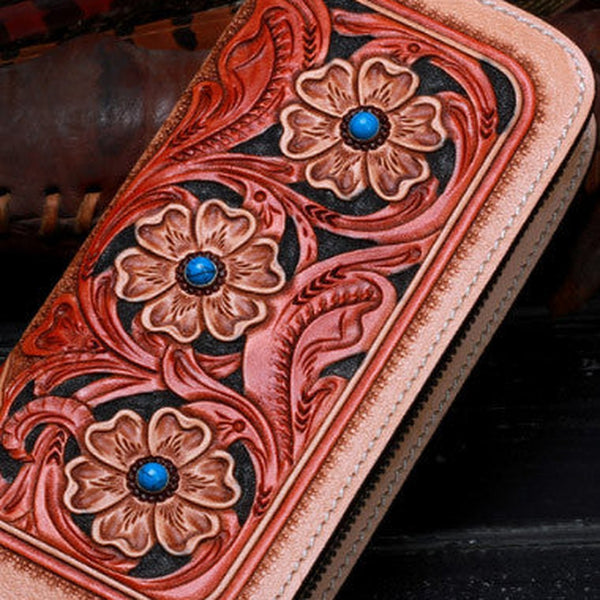 Handmade leather beige floral wallet leather zip women clutch Tooled Long wallet men