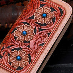 Handmade leather beige floral wallet leather zip women clutch Tooled Long wallet men