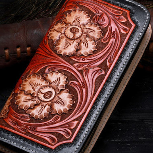 Handmade leather Long black floral wallet leather zip Men clutch Tooled wallet