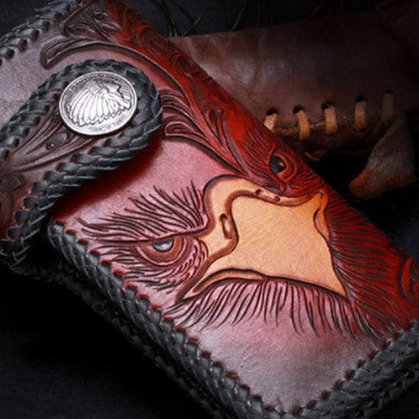 Handmade leather biker trucker Long eagle wallet leather chain men Black Tooled wallet