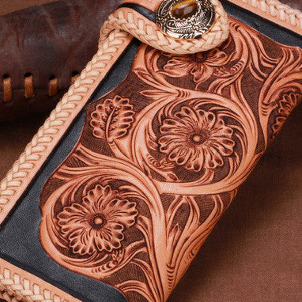 Handmade leather biker trucker beige black floral wallet leather chain men Black Tooled wallet