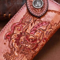 Handmade leather biker trucker brown lion wallet leather chain men Black Tooled wallet