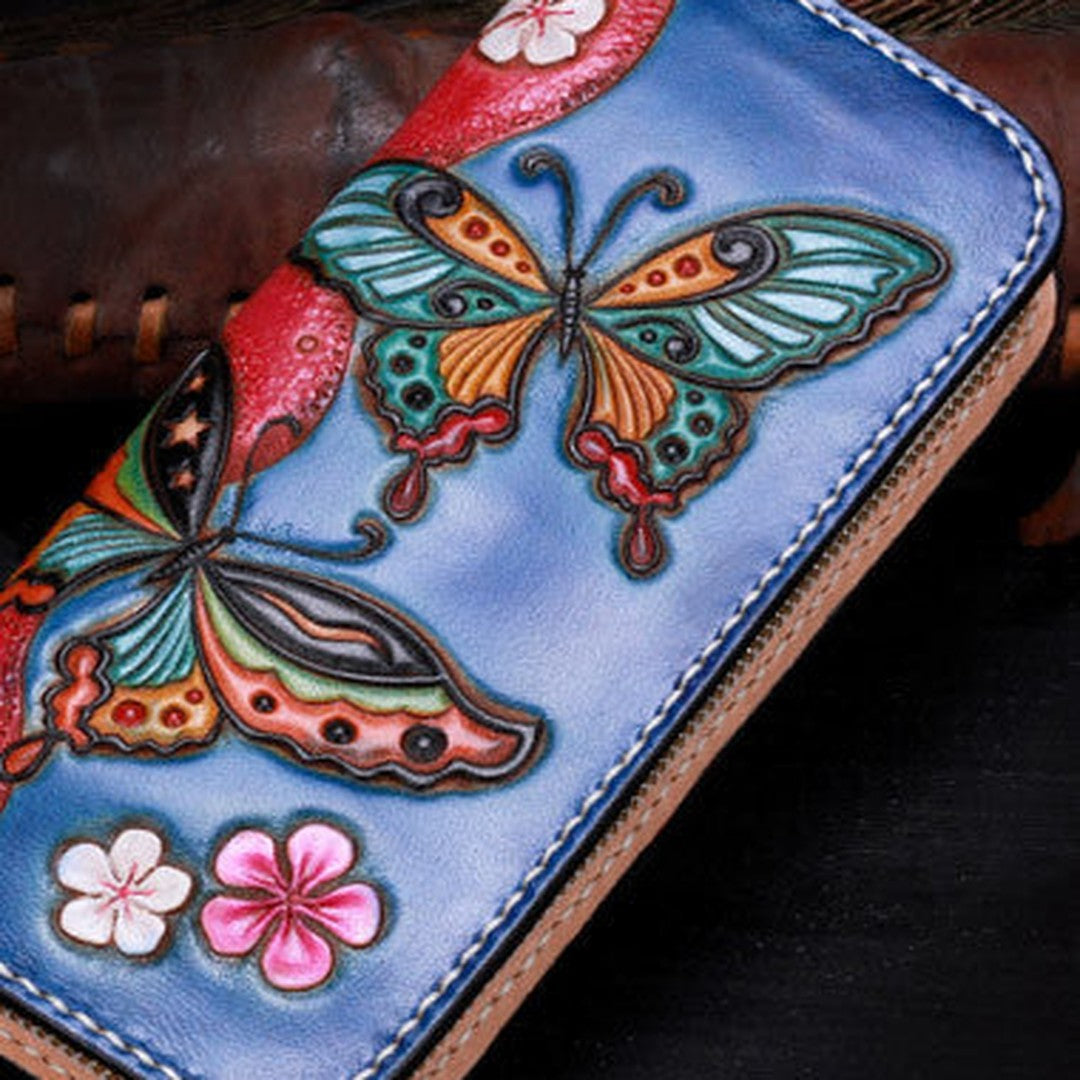 Handmade women leather blue butterfly wallet leather zip clutch Tooled wallet