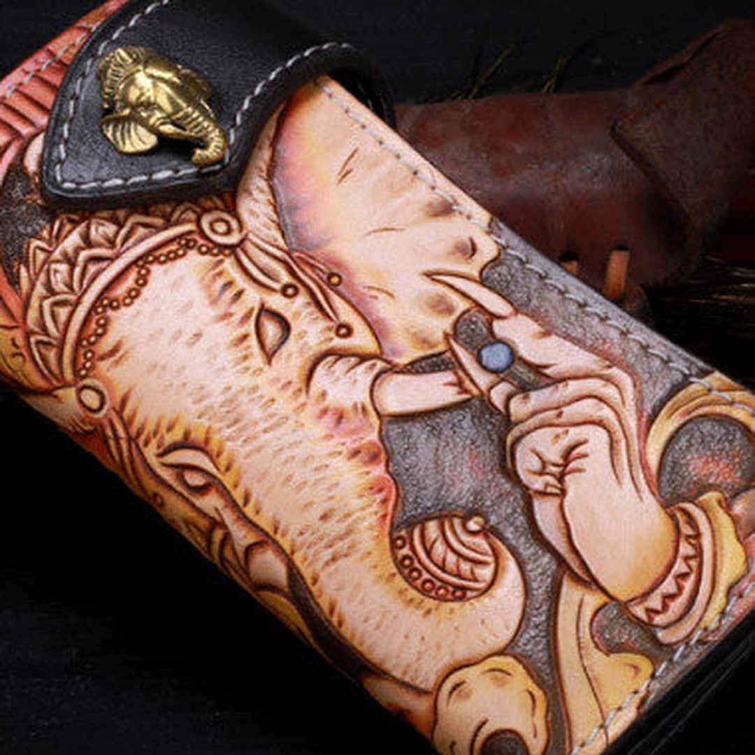 Handmade leather biker trucker Long Ganesha wallet leather chain men Brown Tooled wallet