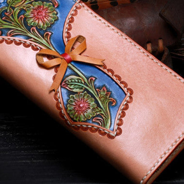 Handmade leather blue beige flowers wallet leather zip women clutch Tooled wallet