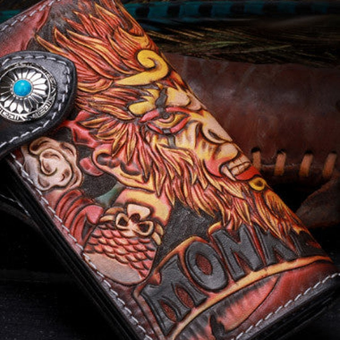 Handmade Long leather biker trucker Monkey King wallet leather chain men Brown Tooled wallet