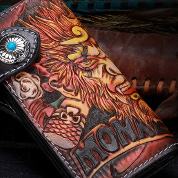 Handmade Long leather biker trucker Monkey King wallet leather chain men Brown Tooled wallet