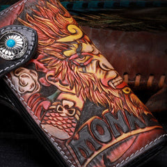Handmade Long leather biker trucker Monkey King wallet leather chain men Brown Tooled wallet