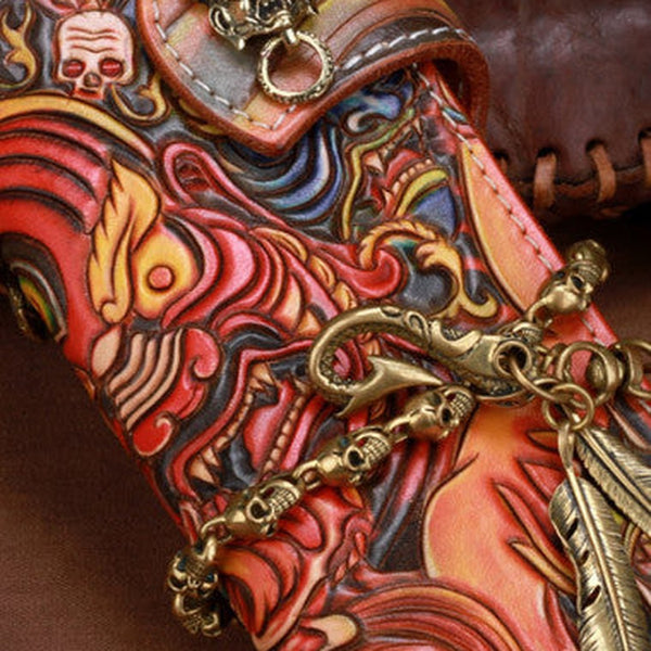 Handmade leather Long biker trucker God Mahakala wallet leather chain men Brown Tooled wallet