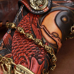 Handmade leather biker trucker Chinese carp wallet leather chain men Black Tooled wallet