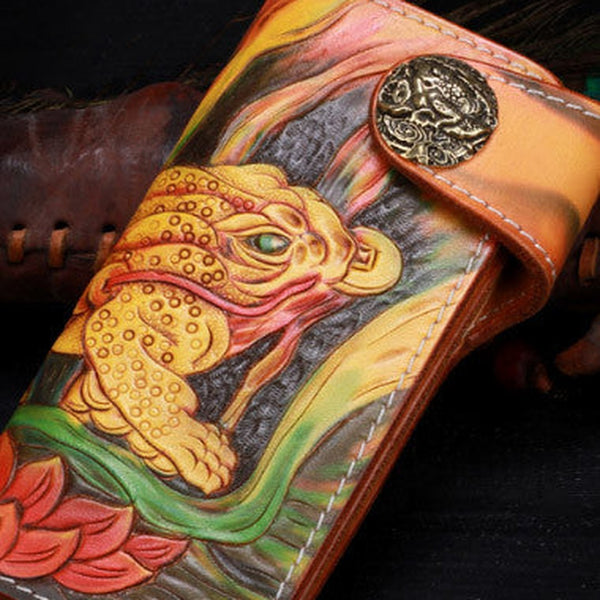 Handmade leather bufonid biker trucker eagle wallet leather chain men Black Tooled wallet