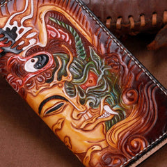 Handmade leather Brown Long Buddha devil wallet leather men clutch Tooled wallet