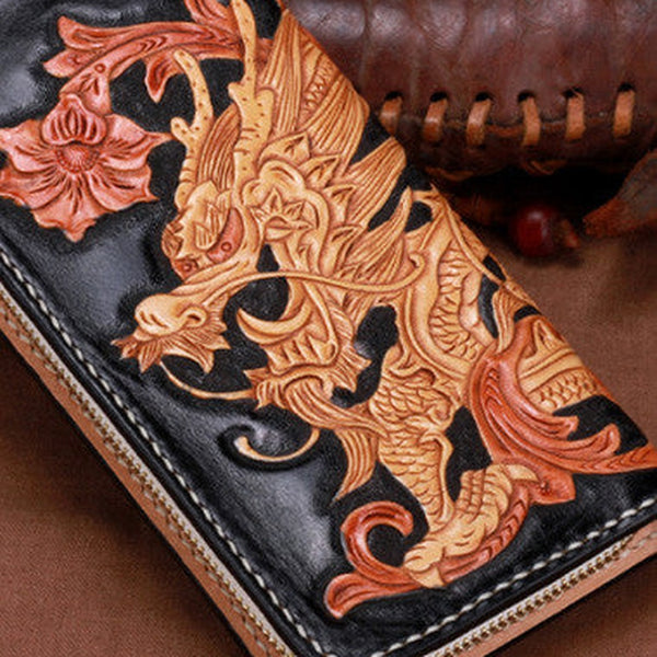 Handmade leather Long Black Chinese Dragon wallet leather men clutch Tooled wallet