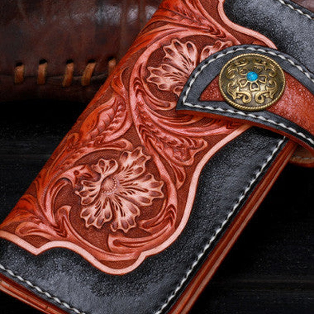 Handmade leather Long black floral biker trucker flowers wallet leather chain men Black Tooled wallet