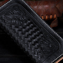 Handmade Tooled Long leather Black floral wallet leather men clutch Tooled wallet