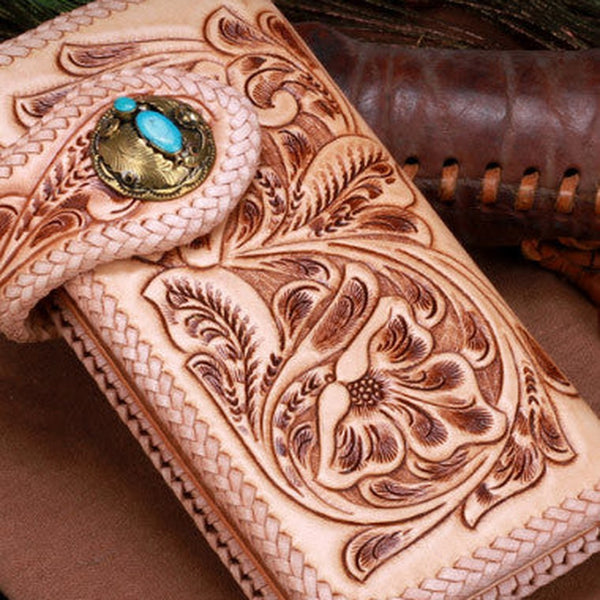 Handmade leather beige floral biker trucker flowers wallet leather chain men Black Tooled wallet