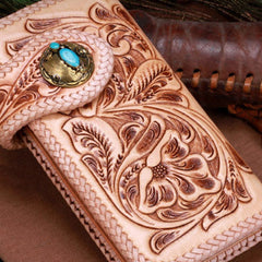 Handmade leather beige floral biker trucker flowers wallet leather chain men Black Tooled wallet