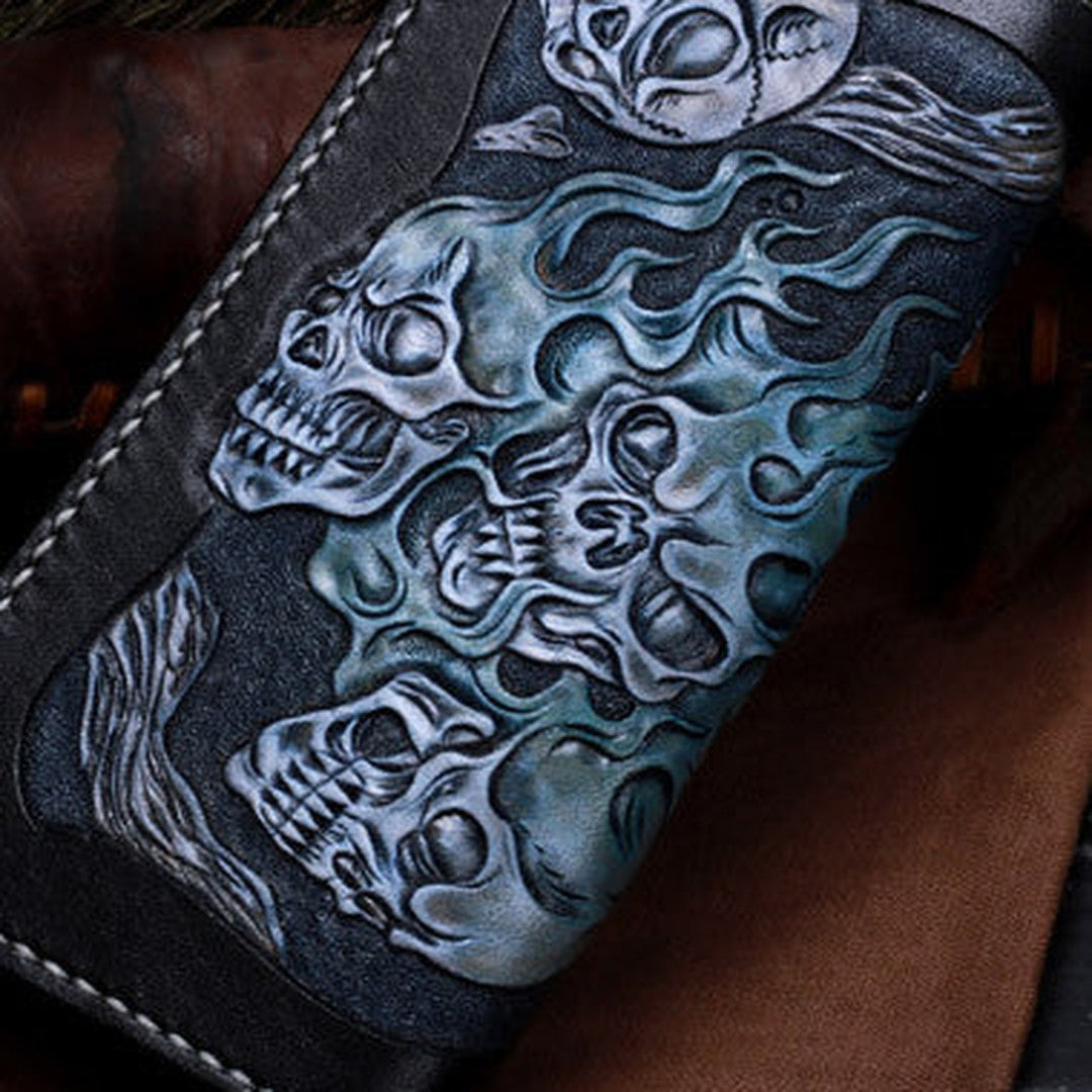 Handmade Leather Wallet Skull Wallet Tooled Leather Wallet Biker Wallet Wallets With Skulls