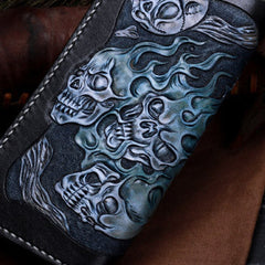 Handmade Leather Wallet Skull Wallet Tooled Leather Wallet Biker Wallet Wallets With Skulls