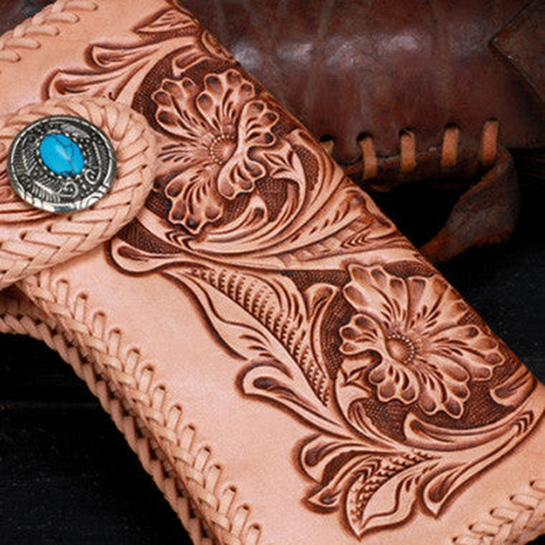Handmade leather biker trucker beige floral wallet leather chain men Black Tooled wallet