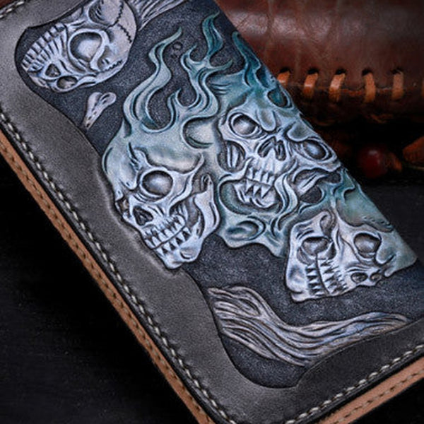 Handmade leather Long black skull wallet leather zipper Men clutch Tooled wallet