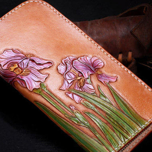 Handmade women leather Brown orchid flower wallet leather zip clutch Tooled wallet