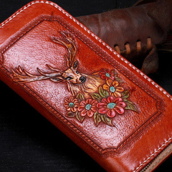 Handmade leather Brown deer wallet leather zip women clutch Tooled wallet