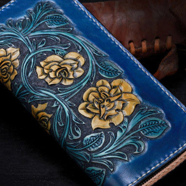 Handmade women leather Blue flowers wallet leather zip clutch Tooled wallet