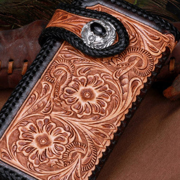 Handmade leather floral biker trucker brown wallet leather chain men Black Tooled wallet