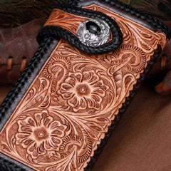 Handmade leather floral biker trucker brown wallet leather chain men Black Tooled wallet