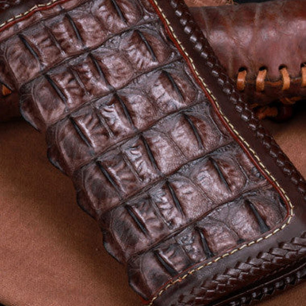 Handmade leather alligator skin long biker trucker wallet leather clutch men Black Tooled wallet