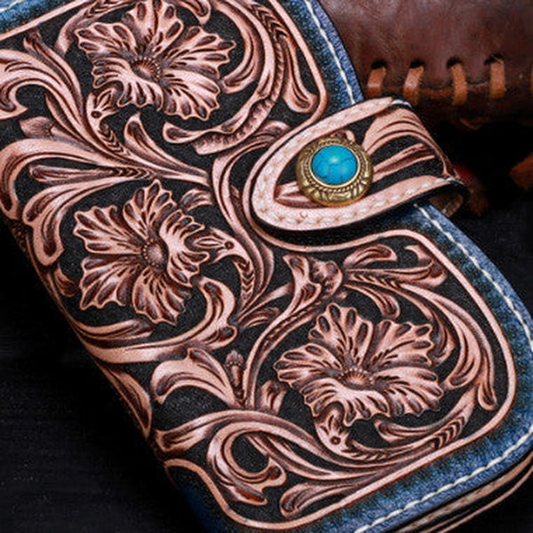 Handmade leather Blue Floral women wallet leather men  clutch Tooled wallet