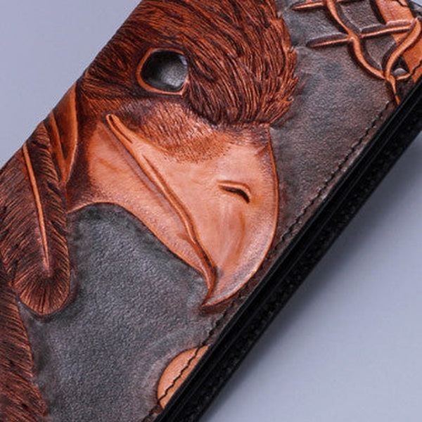 Handmade leather Indian eagle dark brown wallet leather men clutch Tooled wallet