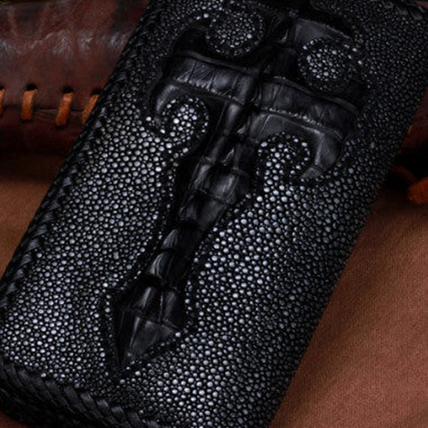 Handmade leather Pearl fish crocodile skin long biker trucker wallet leather clutch men Black Tooled wallet