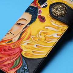 Handmade Long leather biker trucker Guanyin wallet leather chain men Black Carved Tooled wallet