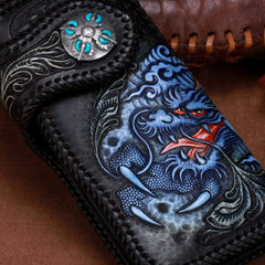 Handmade leather biker trucker Chinese Dragon wallet leather chain men Black Tooled wallet